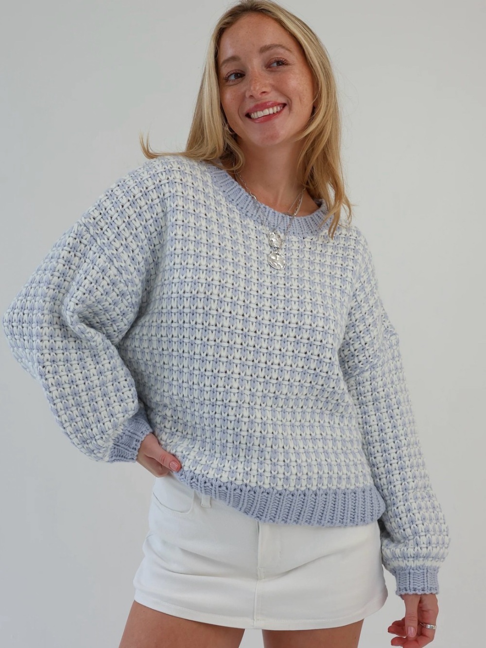 🆕⭐️Cozy Chenille Light Blue Crewneck Sweater w Hearts